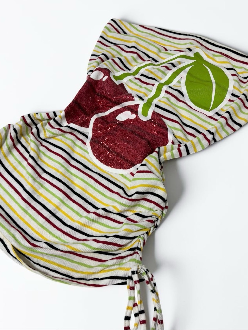 Y2K BONGO Glitter Cherry Tube Top Strapless Ruched Fruit Graphic S